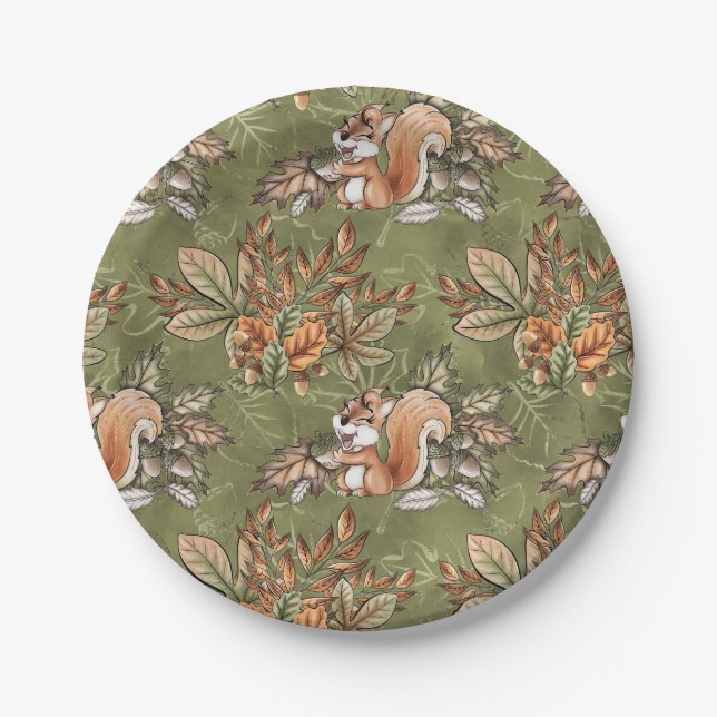 Fall Autumn Leaves and Squirrel Paper Plate (Front)