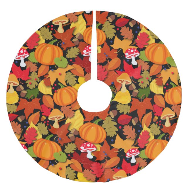 Fall Autumn Leaves and Toadstools Patterned Brushed Polyester Tree Skirt (Front)