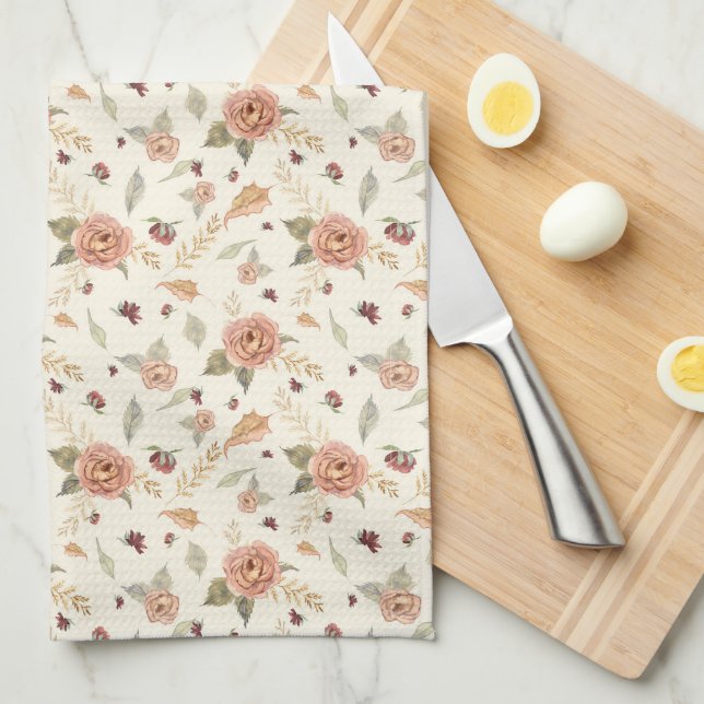 Fall Autumn Leaves BOHO Floral Burgundy Peach Kitchen Towel (Quarter Fold)