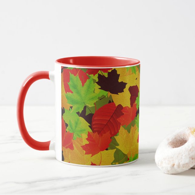 Fall Autumn Leaves Bright Colourful Pattern Mug (With Donut)