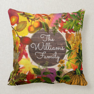 Fall Autumn Leaves Collage Vintage Wood Monogram Throw Pillow
