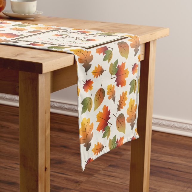 Fall/Autumn Leaves Family Monogram Thanksgiving Long Table Runner (In Situ)