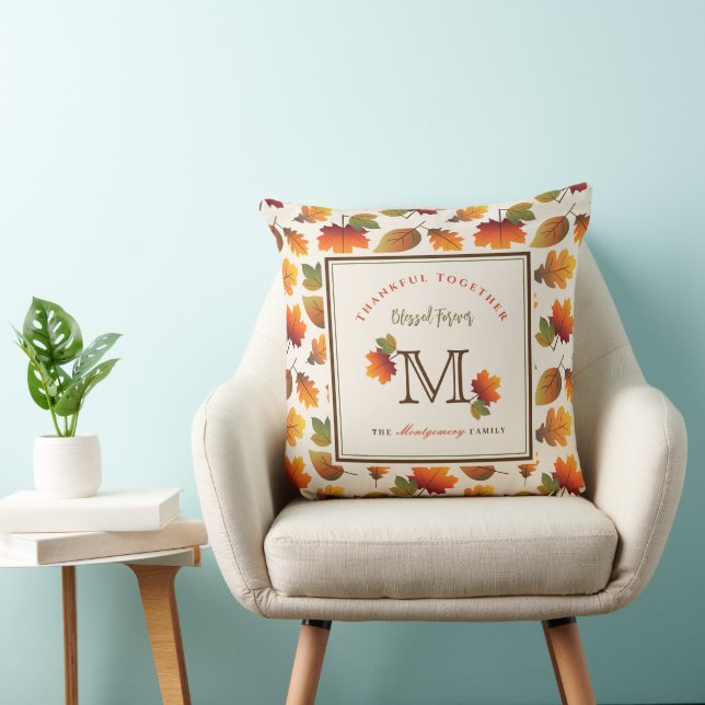 Fall/Autumn Leaves Family Monogram Thanksgiving Throw Pillow (Chair)