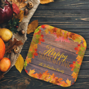 Fall Autumn Leaves on Barn Wood Happy Thanksgiving Paper Plate