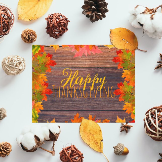 Fall Autumn Leaves On Barn Wood Happy Thanksgiving Postcard (Creator Uploaded)