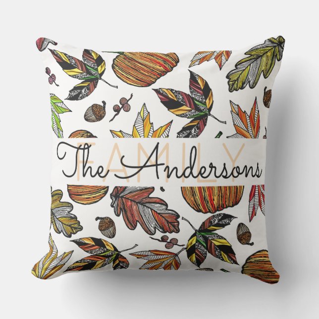 Fall Autumn Leaves Pumpkin Acorns Family Monogram Throw Pillow (Front)