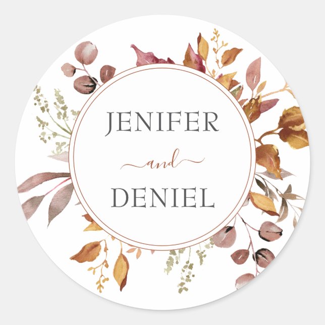 Fall Autumn Leaves Rustic Country Boho Wedding Classic Round Sticker (Front)