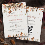 Fall Autumn Leaves Rustic Country Boho Wedding  In Invitation<br><div class="desc">Elegant rustic country fall wedding Invitation with QR code rsvp on back featuring brown,  red,  orange,  green eucalyptus leaves. Please contact me for any help in customization or if you need any other product with this design.</div>