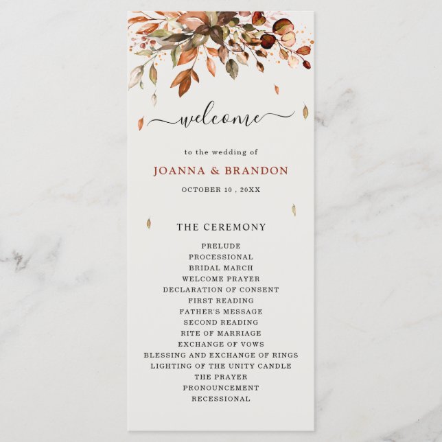 Fall Autumn Leaves Rustic Country Boho Wedding Program (Front)