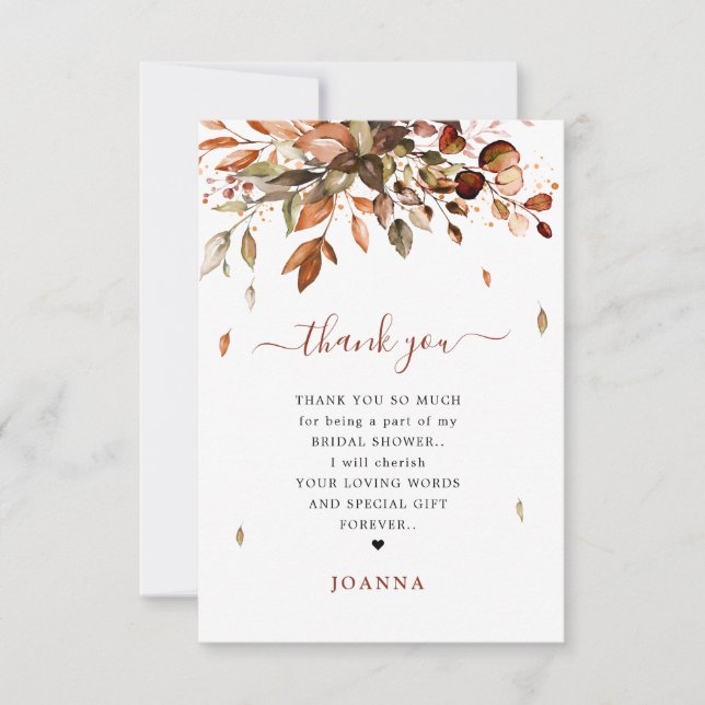 Fall Autumn Leaves Rustic Country Bridal Shower Th Thank You Card (Front)