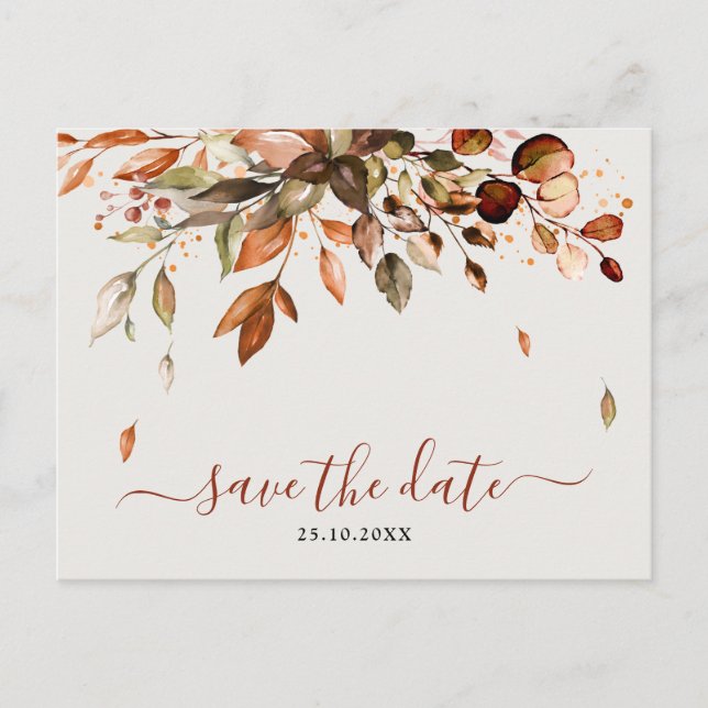 Fall Autumn Leaves Rustic Country  Save the date Postcard (Front)