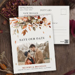 Fall Autumn Leaves Rustic Country Save the Date Postcard<br><div class="desc">Elegant rustic country fall wedding save the date postcard featuring brown,  red,  orange,  green eucalyptus leaves. Please contact me for any help in customization or if you need any other product with this design.</div>