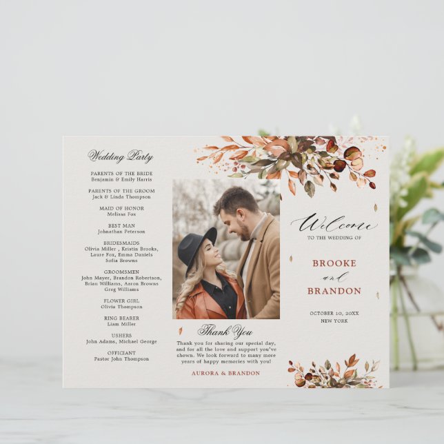 Fall Autumn Leaves Rustic Country Wedding Program (Standing Front)