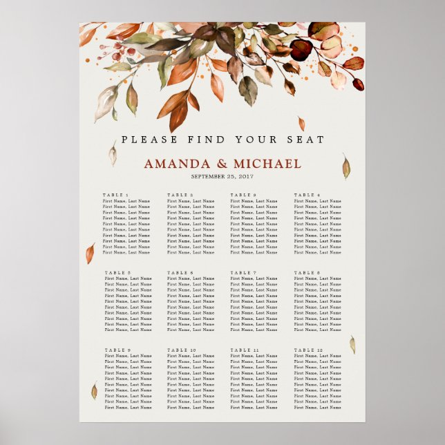 Fall Autumn Leaves Rustic Wedding Seating Chart (Front)