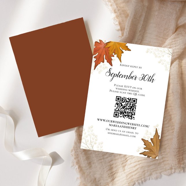 Fall Autumn Leaves Wedding RSVP QR Code (Elegant watercolor fall leaves wedding invitation RSVP card)