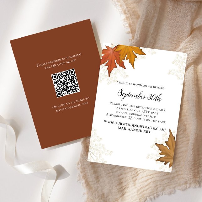 Fall Autumn Leaves Wedding RSVP QR Code Card (Fall and Autumn Wedding Invitation RSVP Cards. )