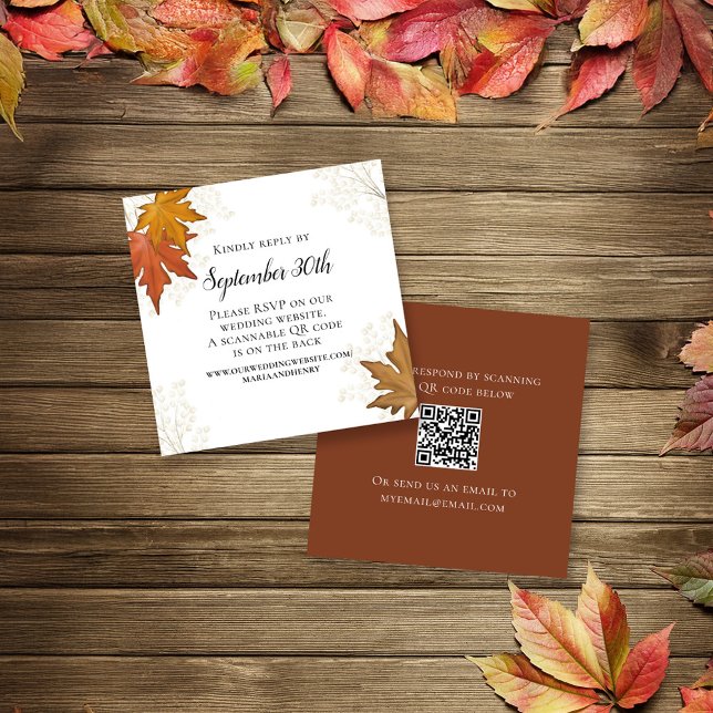 Fall Autumn Leaves Wedding RSVP QR Code Enclosure Card (Fall autumn leaves wedding RSVP card in a simple 2.5" square card.)