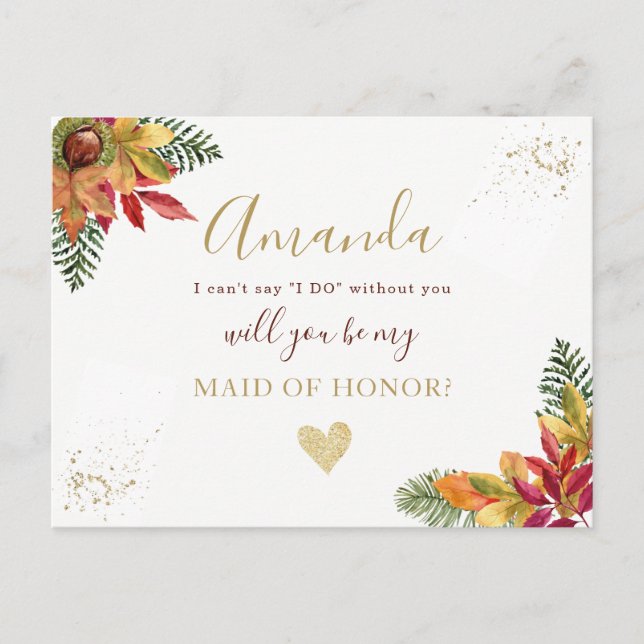 Fall Autumn Maid of Honour or BRIDESMAID proposal Invitation Postcard (Front)