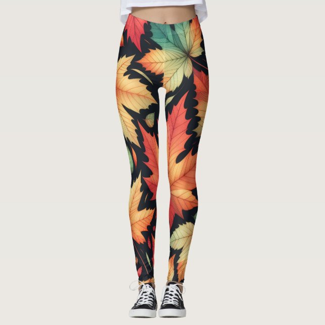 Fall Autumn Maple Leaves Colorful Pattern  Leggings (Front)