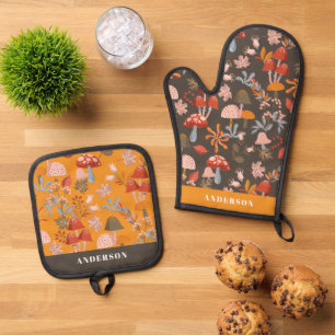 Fall Autumn Mushroom & Botanical Pattern Oven Mitt & Pot Holder Set
