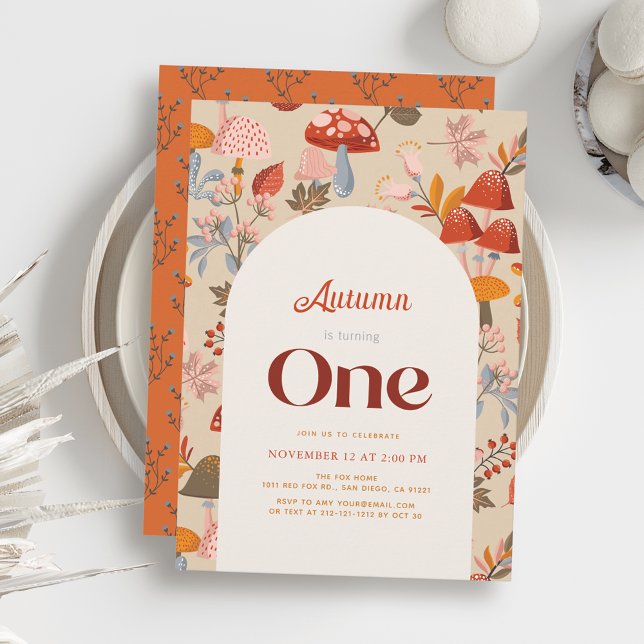 Fall/Autumn Mushroom Wildflower Tan 1st Birthday Invitation (Creator Uploaded)