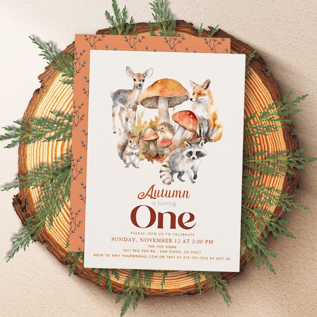 Fall/Autumn Mushroom Woodland Animals 1st Birthday Invitation (Creator Uploaded)