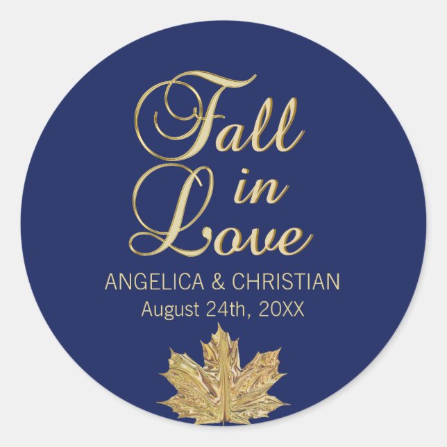 Fall Autumn Navy Blue Gold FALL IN LOVE Wedding Classic Round Sticker (Front)
