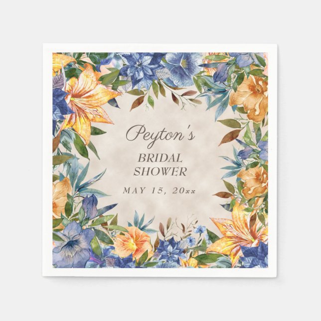 Fall Autumn Orange Blue Floral Bridal Shower Napkin (Front)