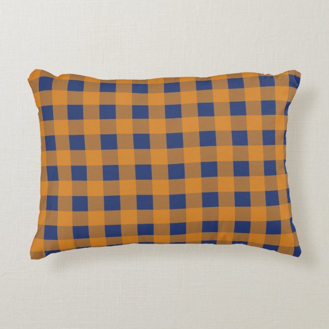 Fall Autumn Orange Blue Plaid Pattern Accent Pillow (Front)