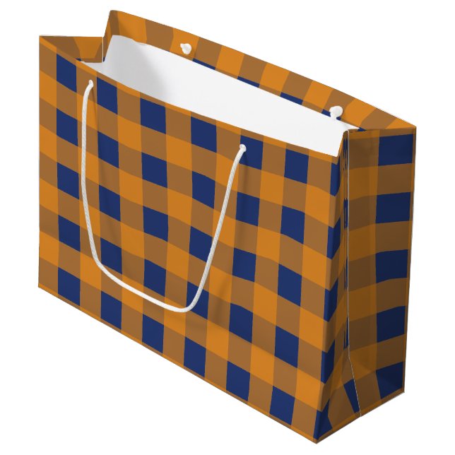 Fall Autumn Orange Blue Plaid Pattern  Large Gift Bag (Front Angled)