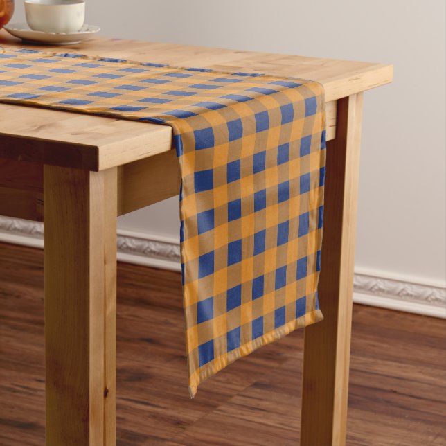 Fall Autumn Orange Blue Plaid Pattern  Medium Table Runner (In Situ)