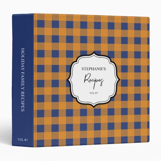 Fall Autumn Orange Blue Plaid Pattern Recipe Binder (Front/Spine)