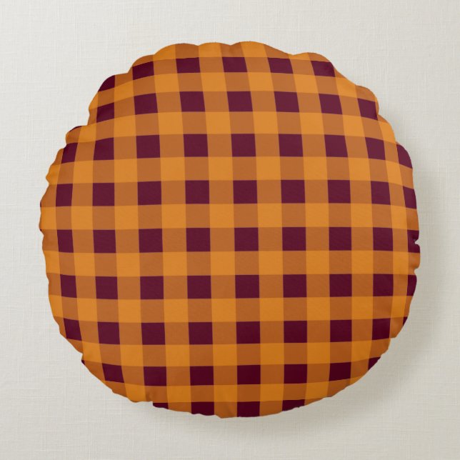 Fall Autumn Orange Burgundy Plaid Pattern  Round Pillow (Front)