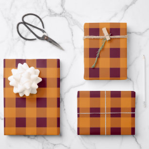 Fall Autumn Orange Burgundy Plaid Pattern  Wrapping Paper Sheet