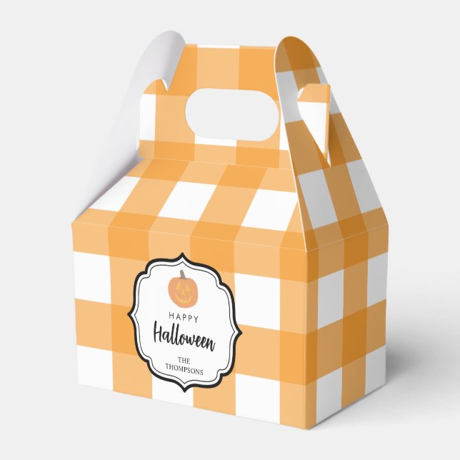 Fall Autumn Orange Plaid Halloween Pumpkin Favor Box (Front Side)