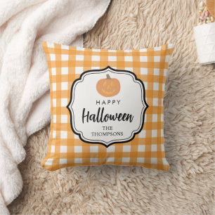 Fall Autumn Orange Plaid Halloween Pumpkin Throw Pillow