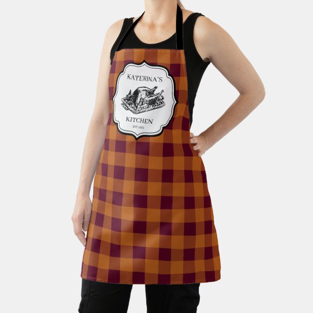 Fall Autumn Orange Plaid Thanksgiving Turkey Apron (Insitu)