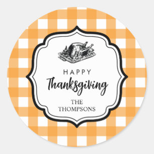 Fall Autumn Orange Plaid Thanksgiving Turkey  Classic Round Sticker