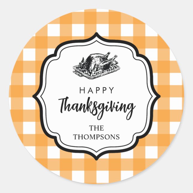 Fall Autumn Orange Plaid Thanksgiving Turkey  Classic Round Sticker (Front)