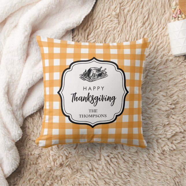 Fall Autumn Orange Plaid Thanksgiving Turkey Throw Pillow (Blanket)
