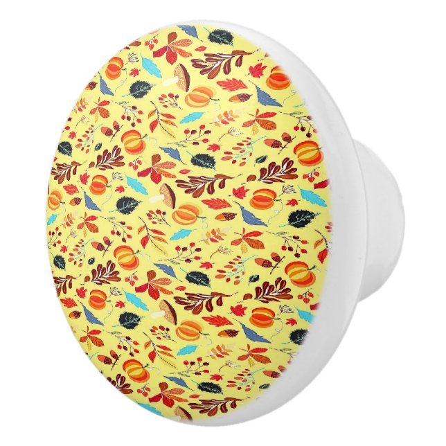 Fall autumn pattern on yellow ceramic knob (Right)