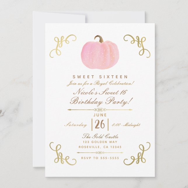 Fall Autumn Pink Sparkle Pumpkin Sweet 16 Party Invitation (Front)