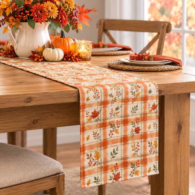 Fall Autumn Plaid Leaves Botanical Harvest Pattern Medium Table Runner (Creator Uploaded)