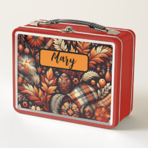 Fall Autumn Plaid Leaves Orange Black Pattern Metal Lunch Box