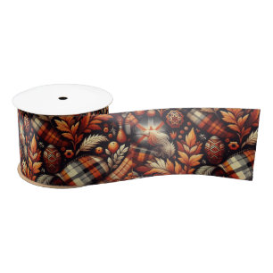 Fall Autumn Plaid Leaves Orange Black Pattern Satin Ribbon