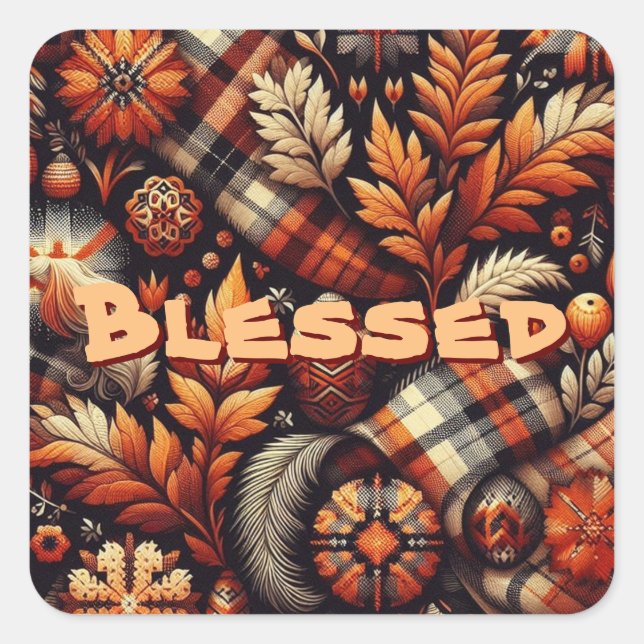 Fall Autumn Plaid Leaves Orange Black Pattern Square Sticker (Front)