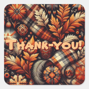 Fall Autumn Plaid Leaves Orange Black Pattern Square Sticker