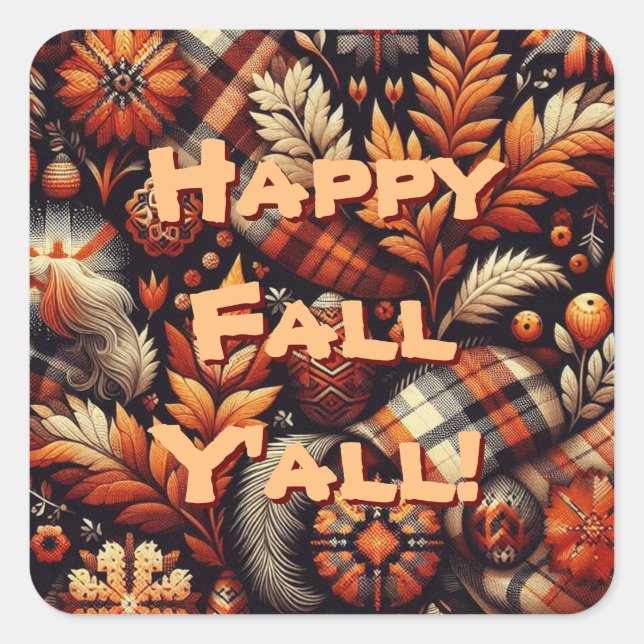 Fall Autumn Plaid Leaves Orange Black Pattern Square Sticker (Front)