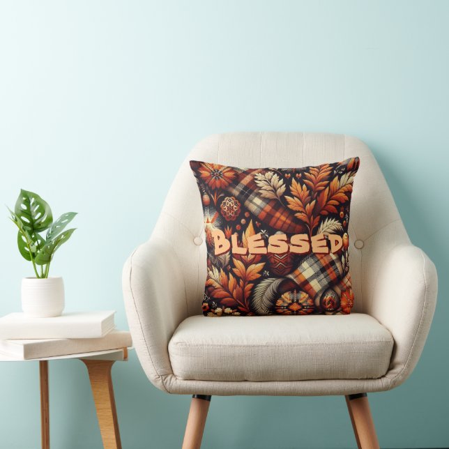 Fall Autumn Plaid Leaves Orange Personalized Throw Pillow (Chair)
