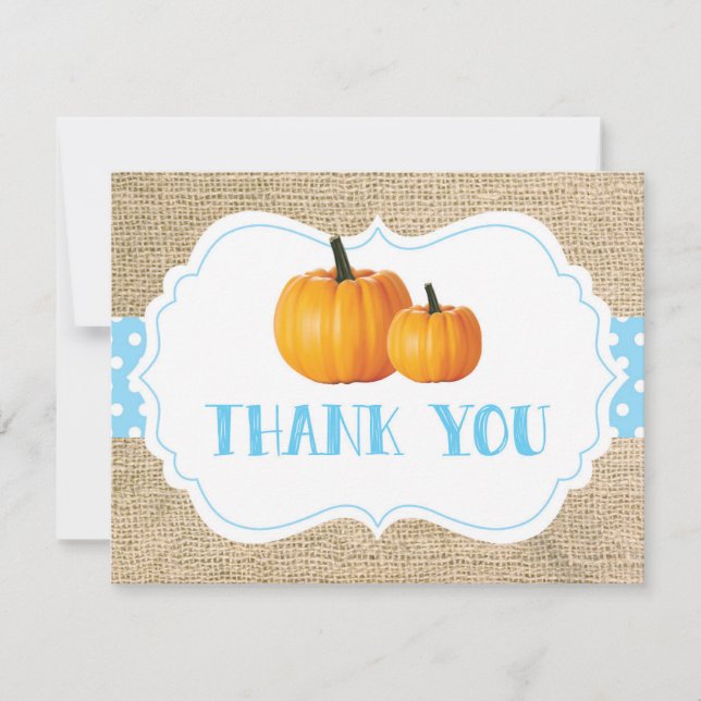 Fall Autumn Pumpkin Blue Burlap Thank You Card (Front)